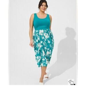 NWT Torrid Teal Floral Fit Flare Midi Challis Twist Back Dress Plus Size 0X (12)